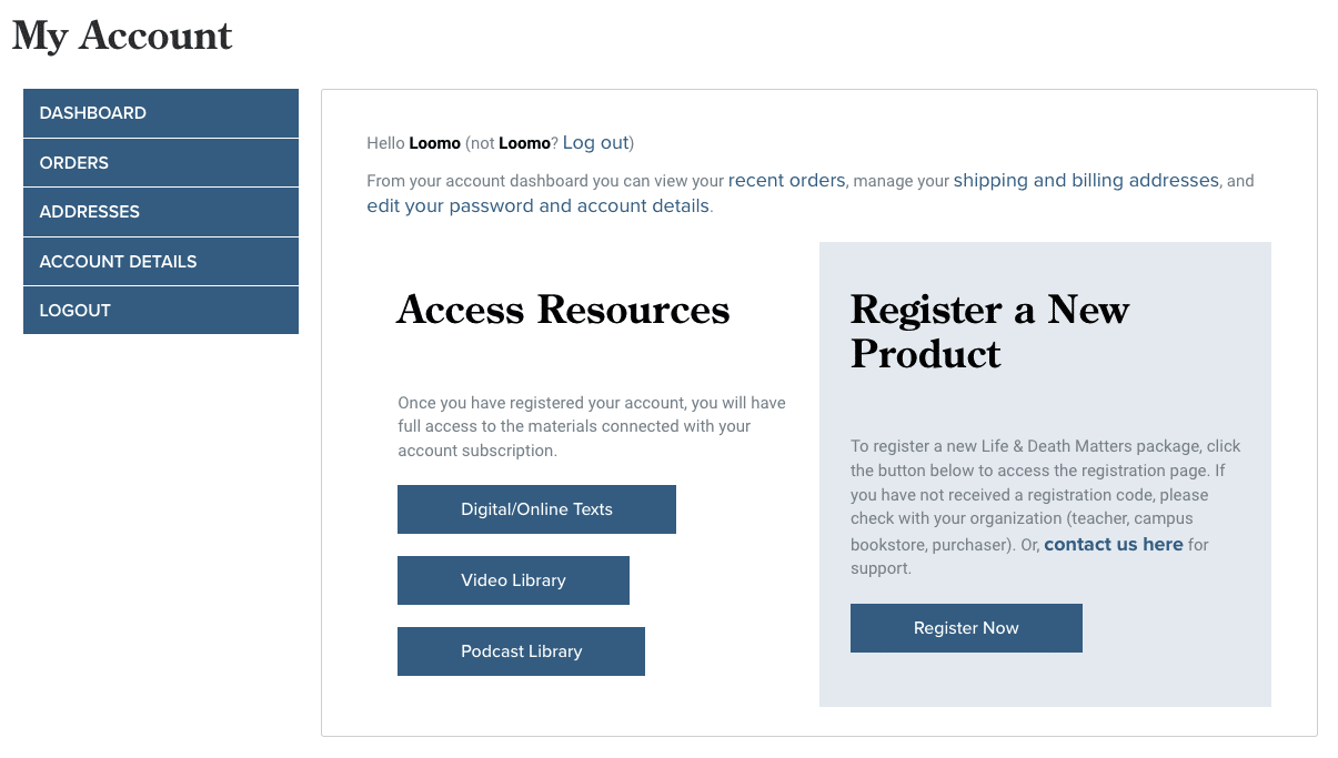 My Account Page Dashboard