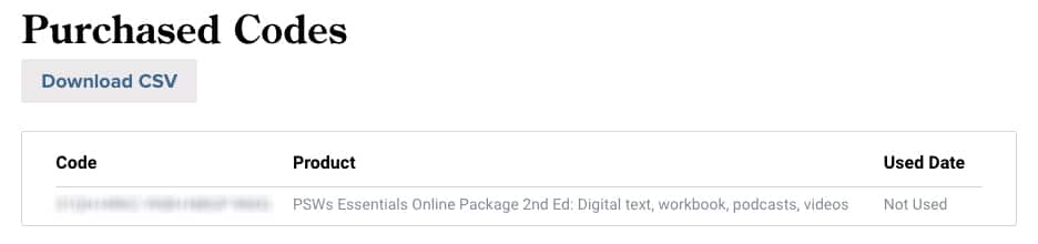 Purchased Codes in My Account