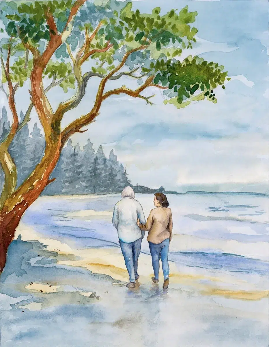 Watercolour of two people walking arm in arm along a beach