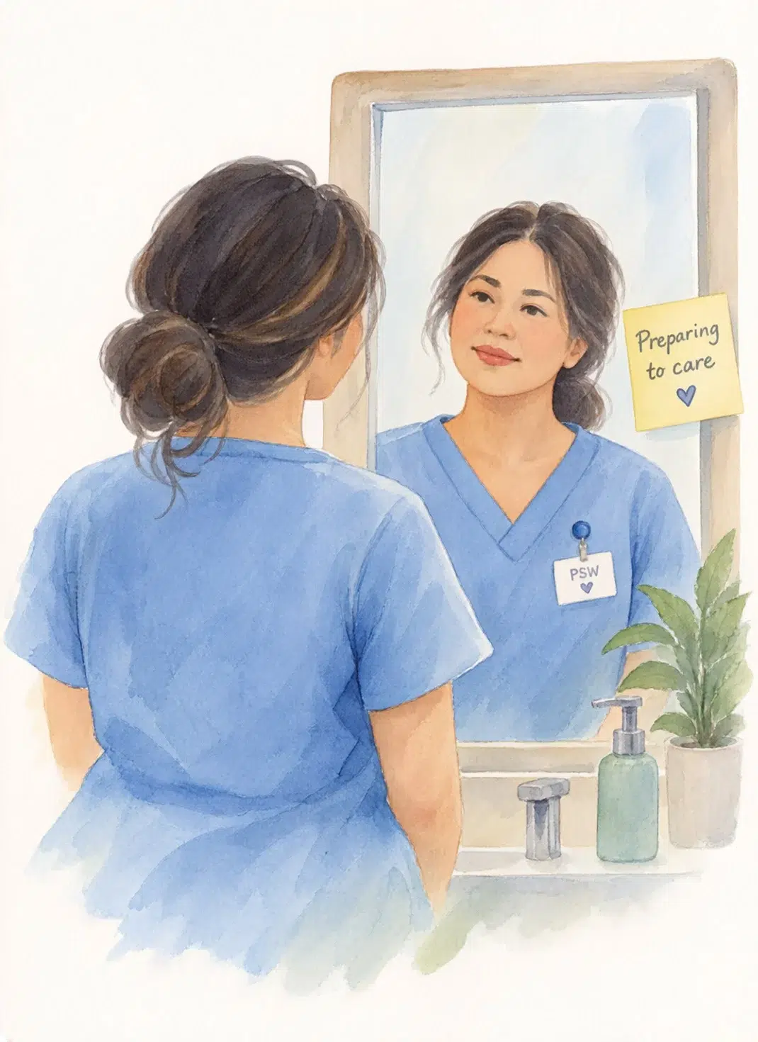 Watercolour illustration of a caregiver pausing to reflect at a mirror