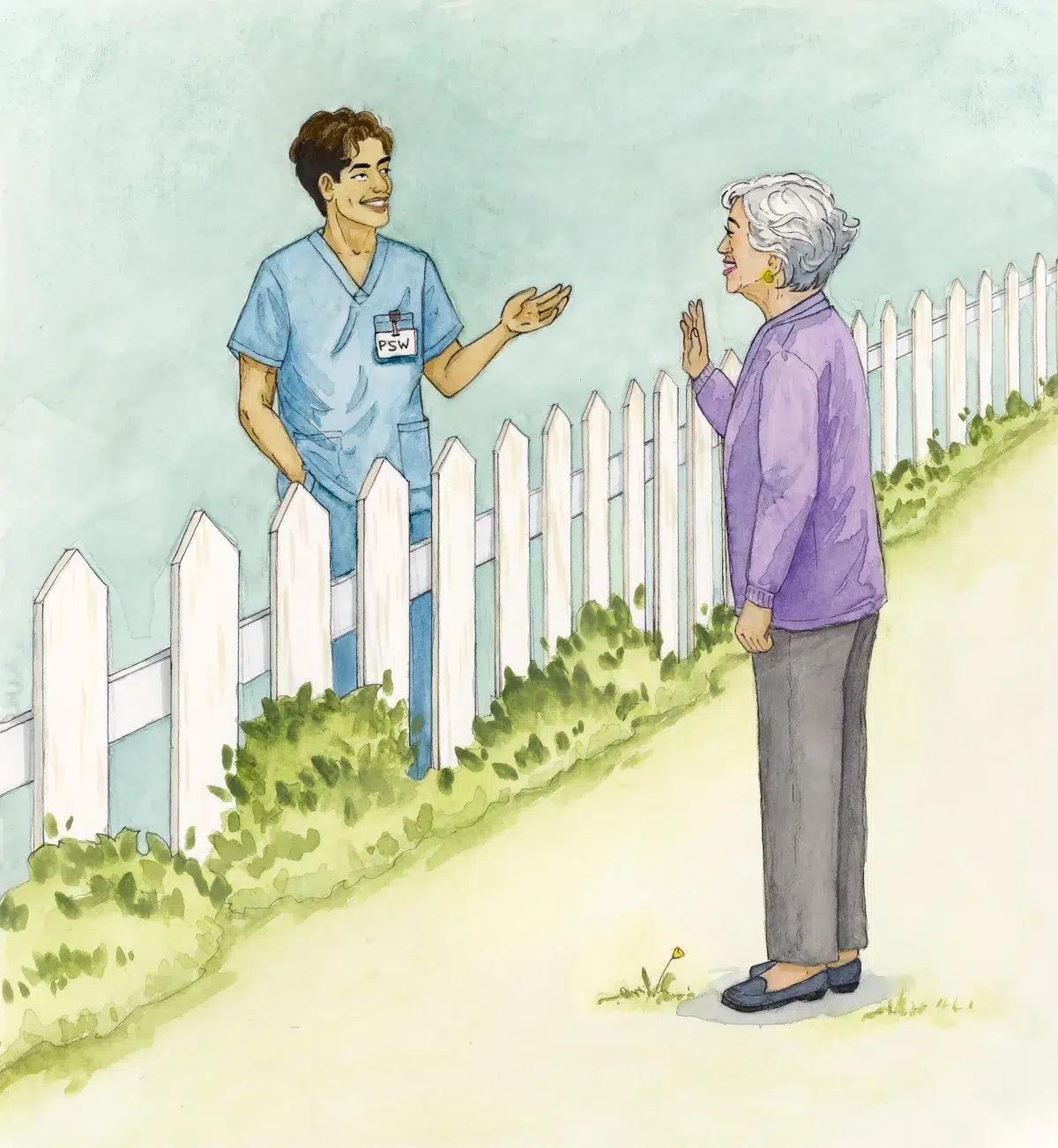 Illustration of a PSW chatting with an older woman over a white garden fence