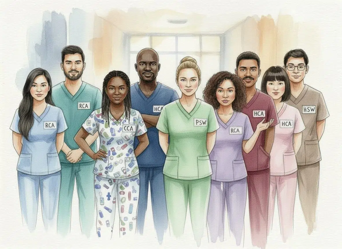 Illustration of a diverse team of personal support workers, health care aides, continuing care assistants and nursing assistants in scrubs with name badges