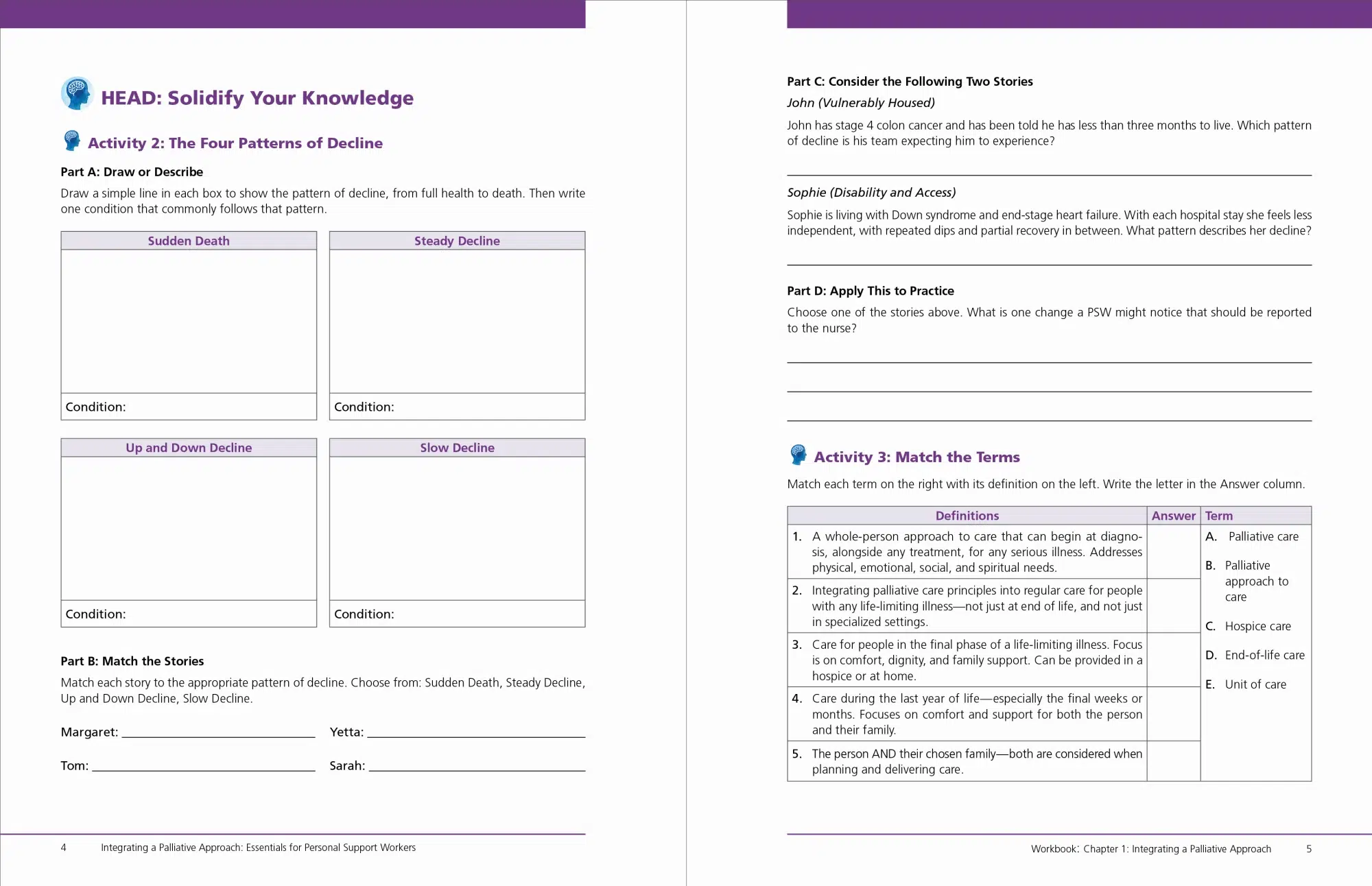Two pages from Chapter 1 of the new print workbook, with activity boxes and a matching table